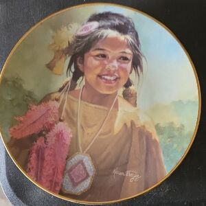 Pink and Brown Ceramic Art Plate with Realistic Portrait